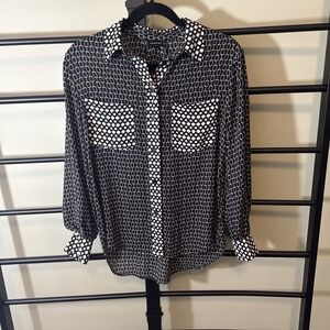 WHO WHAT WEAR Women's Black & White Chain Link Print Long Sleeve Button Down Top